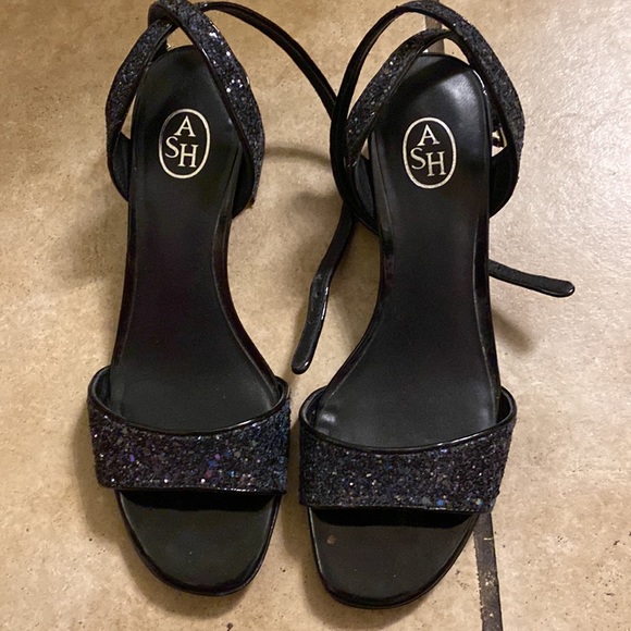 ASH Black Sequin Wraparound Ankle Heeled Sandals - Picture 2 of 5